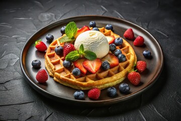 Golden Waffle with Vanilla Ice Cream and Fresh Berries on Dark Plate