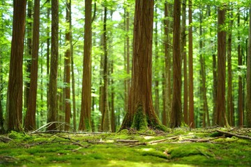 Fototapeta premium Bright green moss-covered forest floor with tall straight tree trunks and fresh green leaves overhead creating a peaceful natural environment
