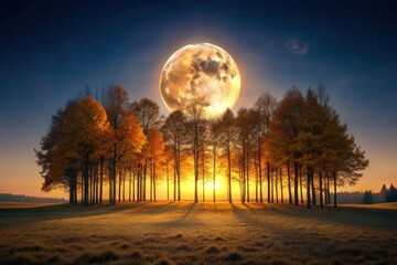 Serene autumnal landscape with a majestic moon and sun rising over a grove of trees casting long shadows across a field