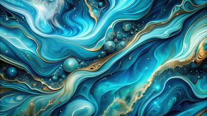 Abstract Swirling Ocean Depicting a Celestial Galaxy with Golden Accents and Spheres