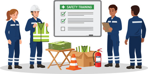 Industrial workers attending safety training session with instructor demonstrating high visibility vest and emergency equipment in classroom setting cartoon