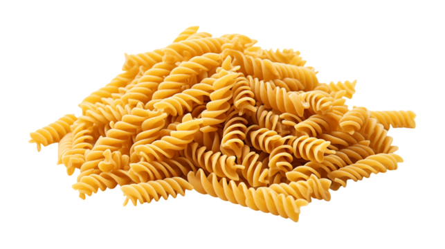 A close up shot of a pile of uncooked fusilli pasta on a black background ready to be cooked soon