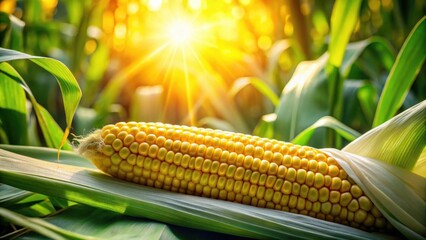 Golden Corn Cob Resting on Lush Green Leaves in a Sunlit Field at Harvest Time