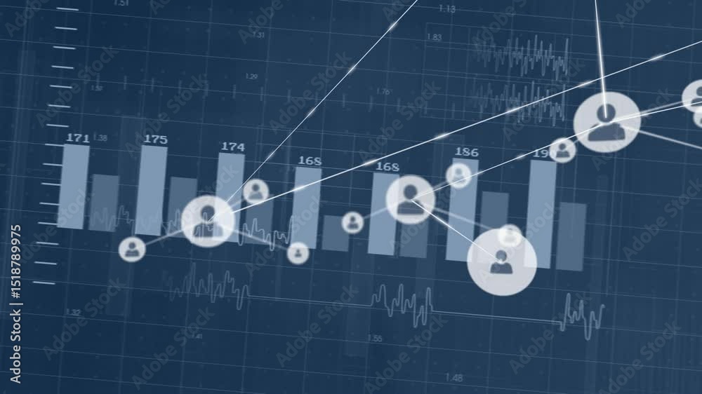 Poster transparent bar chart sliding triggers user-icon nodes drifting forming network showing data links