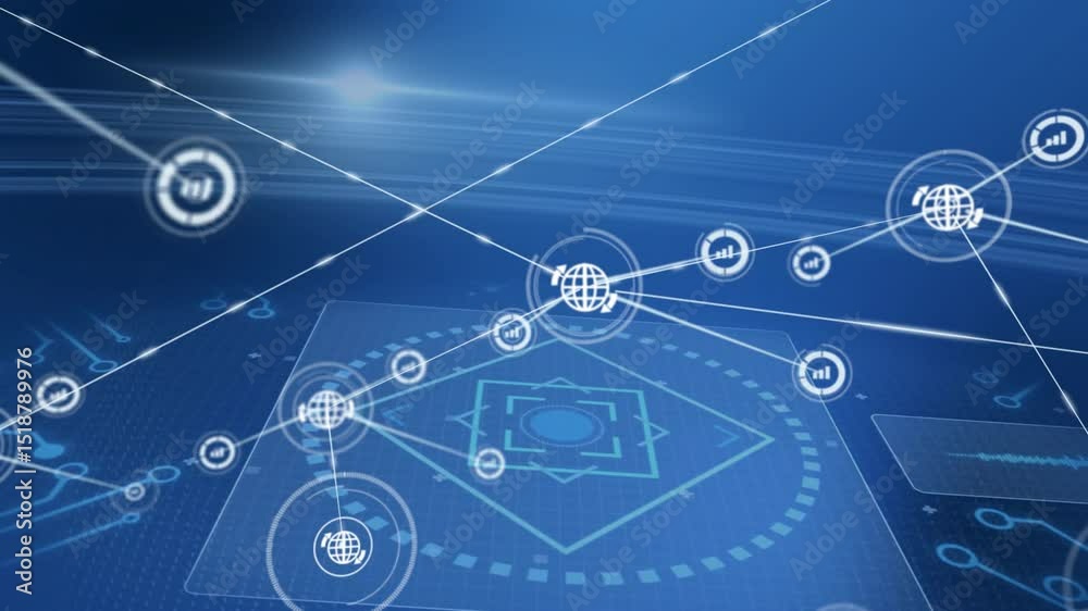 Poster bluish glow emerging pulsing platform creating globe and chart nodes linking visualizing network