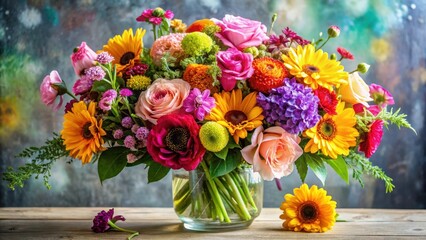 Obraz premium A vibrant and colorful bouquet of assorted flowers arranged in a clear glass vase, sitting on a rustic wooden surface against a textured backdrop