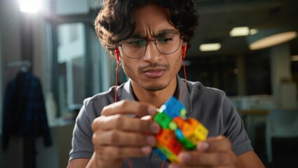 young man with glasses and red earphones concentrating while solving a colorful twisty puzzle indoors