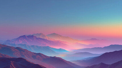 Fototapeta premium 幻想的な朝焼けに包まれたカラフルな山並みの風景背景イラスト