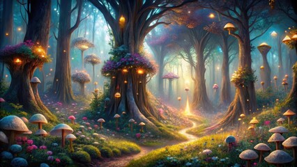 Fototapeta premium Enchanted Forest Path A Mystical Journey Through Glowing Trees and Luminescent Fungi