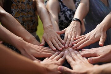 Group of diverse people placing their hands together in a show of unity and teamwork outdoors with natural light