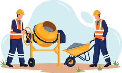 Construction workers mixing and transporting concrete with proper safety gear and equipment according to industrial work standards on site