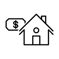 A line drawing of a house with a price tag, symbolizing real estate and property value