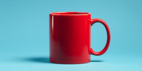Bright red coffee mug set against a light blue background showcasing simple elegance and vivid color contrast