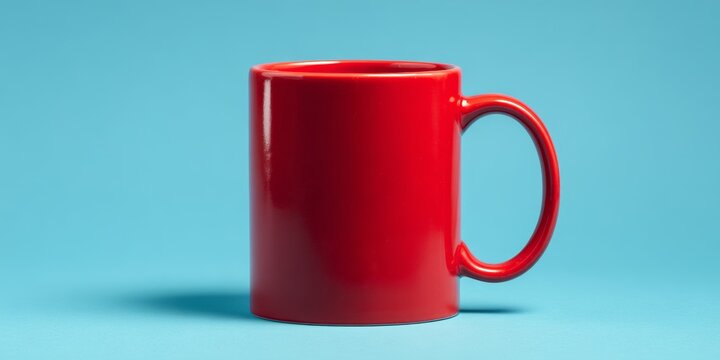 Bright red coffee mug set against a light blue background showcasing simple elegance and vivid color contrast - Powered by Adobe