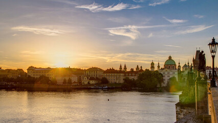 View from Charles Bridge in Prague during the sunrise timelapse, Bohemia, Czech Republic.
