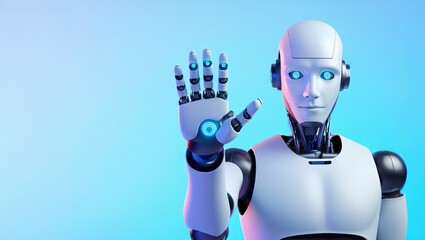 Futuristic robot with illuminated blue eyes and mechanical hand raised as if waving against gradient blue background