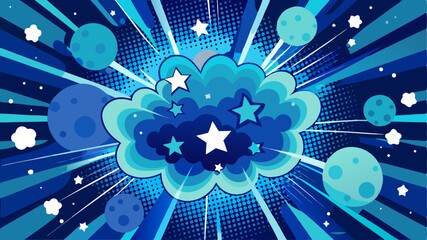 A dynamic comic-style background featuring a central cloud of stars and light blue bursts, surrounded by comic halftone patterns, speed lines, and various sized planets, all in shades of blue