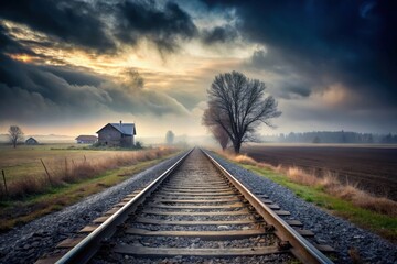 Fototapeta premium A solitary farmhouse beside a railway track extending to the horizon under a dramatic sky