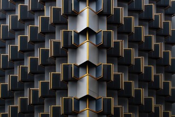 Close-up of modern building facade featuring repetitive dark metallic geometric shapes with golden edges creating a three-dimensional pattern