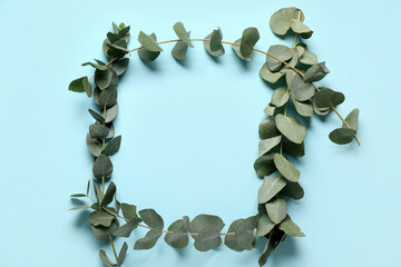 Frame made of green eucalyptus branches on blue background