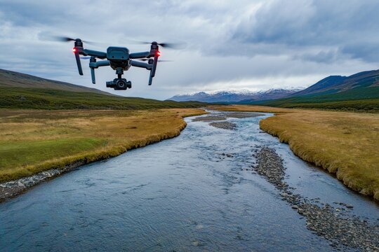 quad copter drone flying over a winding river with grassy banks under a cloudy sky and distant snow-capped mountains - Powered by Adobe