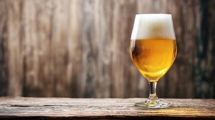 Elegant stemmed glass of cold golden beer with thick foam on rustic wooden table and blurred wood wall, ideal for bar ads, drink menus, and craft beer promotions