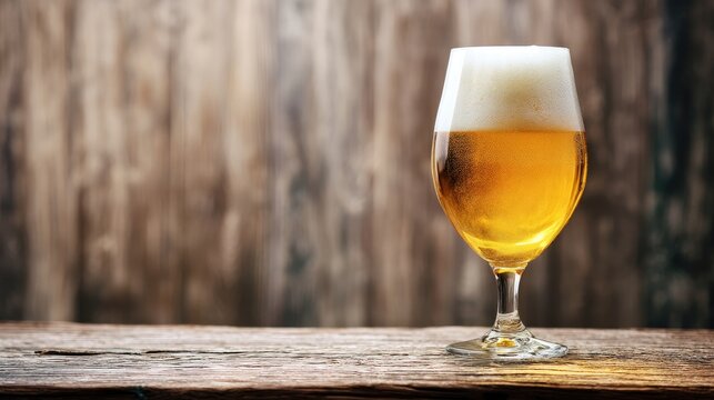Elegant stemmed glass of cold golden beer with thick foam on rustic wooden table and blurred wood wall, ideal for bar ads, drink menus, and craft beer promotions