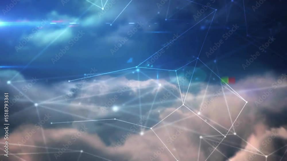 Poster clusters drifting in from top forming rotating network flickering over clouds visualizing dataflow