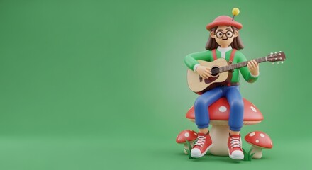 3D Girl Character Playing Guitar and Singing with Musical Notes