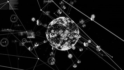 Wireframe globe opening, profile icons materializing around equator representing global network - Powered by Adobe