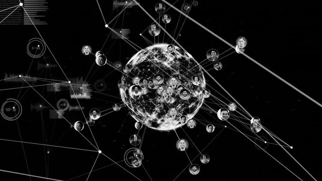 Wireframe globe opening, profile icons materializing around equator representing global network