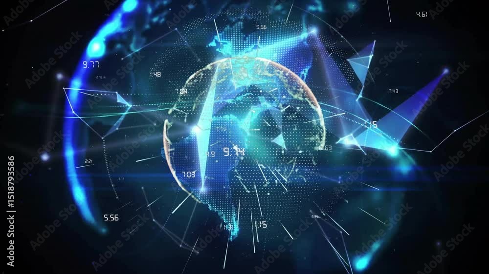 Poster floating facets drifting starting globe forming with orbiting data pulsing for network view