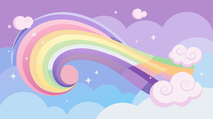 A charming cartoon background featuring a pastel rainbow arching across a purple and blue sky filled with fluffy pink and white clouds and sparkling stars, evoking a dreamy, magical atmosphere.