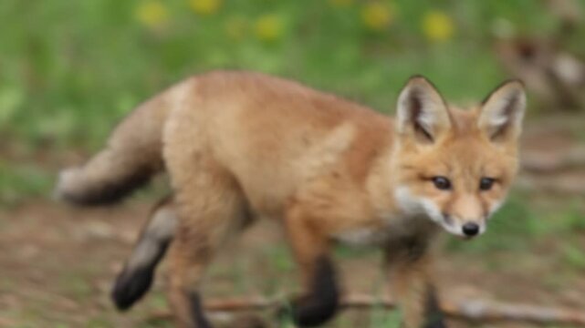 Playful and cute fox comes up to camera then goes behind cabin