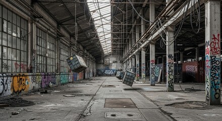 Abandoned Industrial Warehouse with Graffiti, Floating Cubes, and Atmospheric Lighting