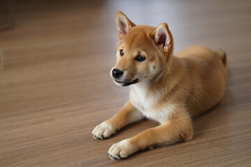 young tan and white puppy with erect ears lying on a wooden floor looking attentively to the side
