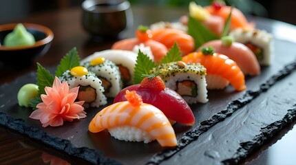 Artful Sushi Platter with Nigiri, Maki & Sashimi on Black Slate – Culinary Elegance for International Sushi Day