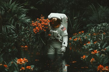 Astronaut with Flowers Spacesuit-clad figure surrounded by orange blossoms in a lush landscape