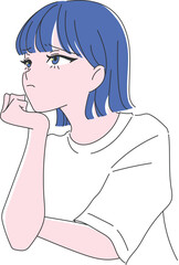 頬杖をついて何かに悩んでいる女性の手書きイラスト