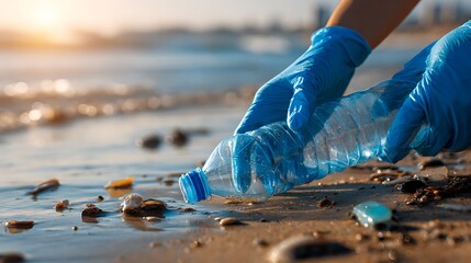 Hands is Picking Up Plastic Bottle From Sandy Beach : Suitable for Be Used in Blog Posts, Social Media Posts or Website Content Related to the Environment Theme.	