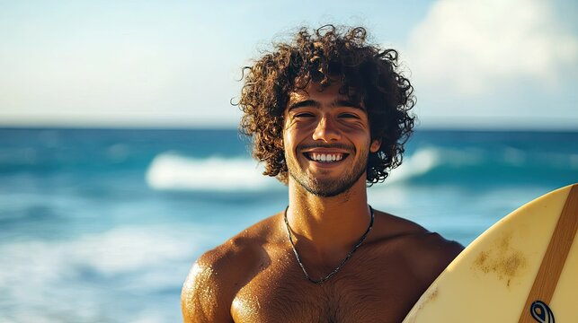 photo of A cheerful man with curly hair stands on the beach, holding a surfboard with a smile on his face. 