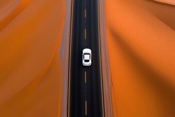 Aerial photography of an endless desert highway cutting through vast golden sands