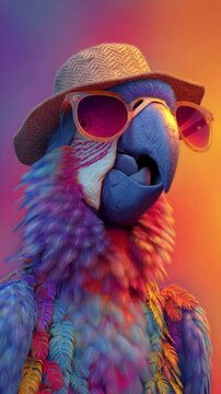 Vibrant multicolored parrot wearing sunglasses and a straw hat against a warm gradient background. Detailed 3D render with colorful feathers and a playful expression.