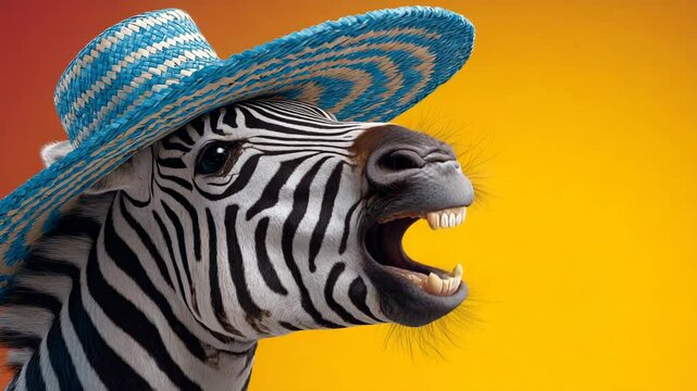 Close up of a zebra wearing a large, vibrant blue and white striped sombrero against a warm orange background. The zebra's expression is playful and slightly comical.