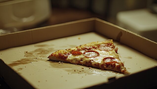 Lone pepperoni slice in box, soft lighting