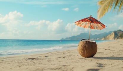 Coconut shell cup with a paper umbrella on tropical beach, clear day