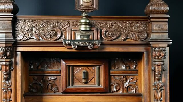 Ornate, dark wood cabinet with intricate carvings, featuring a central compartment and decorative pilasters