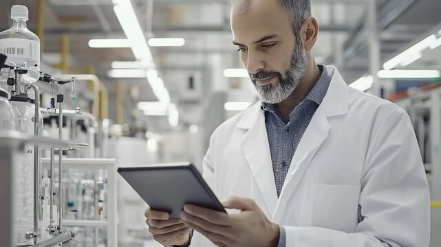 Professional Scientist in Lab Coat Analyzing Data on Tablet within Modern Laboratory Environment