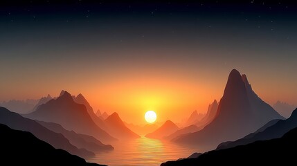 Dramatic Sunset Landscape  Mountains  Lake  Golden Hour  Serenity