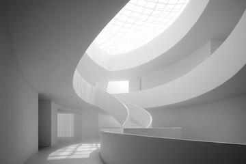Bright white interior architectural view, spiral staircase and skylight. Clean, minimalist design, light streaming through. Modern feel.